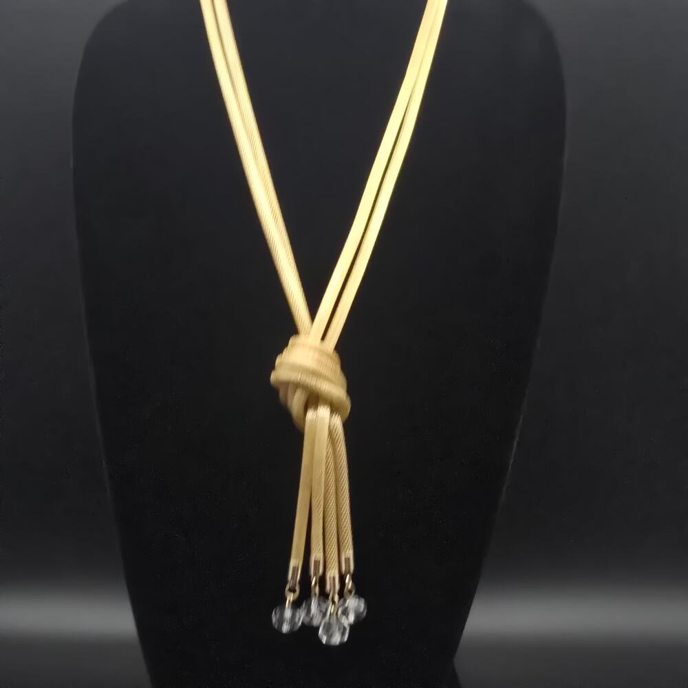 Gold Tone Mesh Knotted Necklace Tassel Vintage 1990s Costume Jewelry
